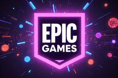 Logo of Epic Games with a vibrant, digital background