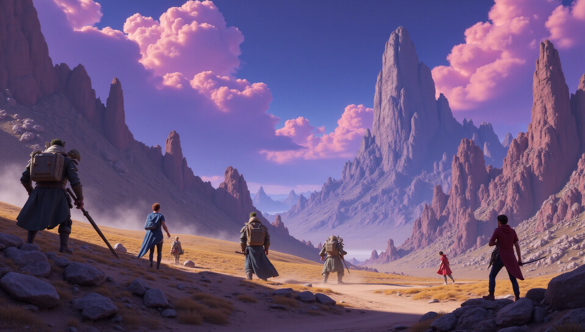 Paysage de jeu vidéo futuriste avec des personnages dynamiques