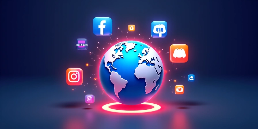 Icônes de réseaux sociaux flottant autour d'un globe terrestre, symbolisant la connectivité mondiale.