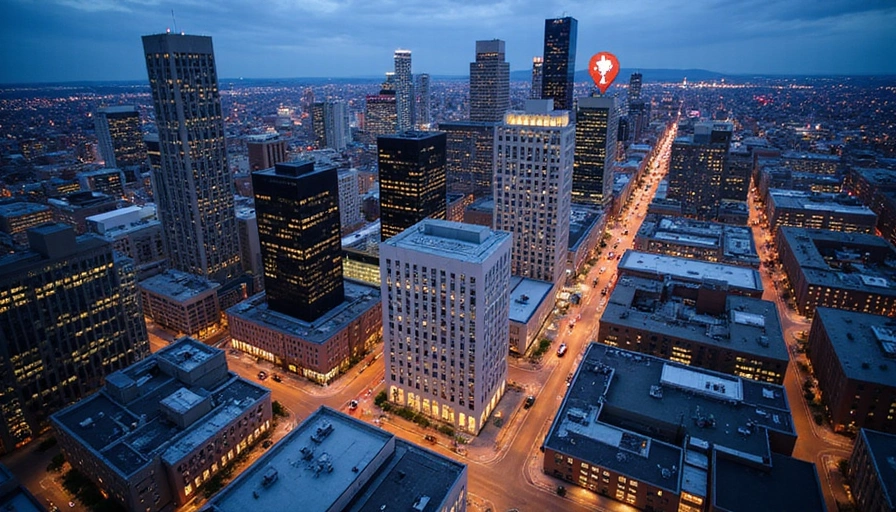 Vue aérienne du centre-ville de Montréal avec un marqueur lumineux sur l'emplacement de Heritage Destinations.