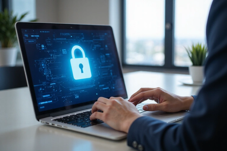 Personne utilisant un ordinateur portable dans un environnement sécurisé