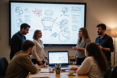 Un groupe de personnes passionnées discutant autour d'un ordinateur, avec des croquis et des notes sur des tableaux blancs.