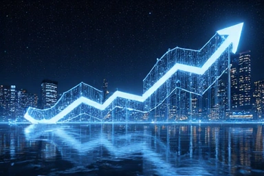 Un graphique futuriste représentant l'innovation et la croissance continue, avec des éléments de technologie et de communauté.