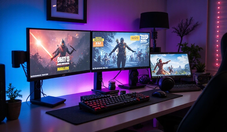 Vue d'ensemble d'un setup de gaming moderne avec plusieurs écrans affichant des jeux vidéo et des offres promotionnelles.
